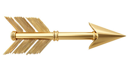 Single golden arrow with detailed feather fletching lying diagonally on white surface, close-up archery equipment photography