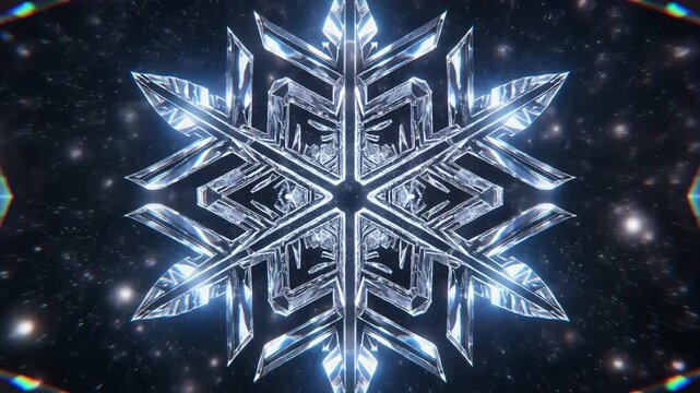 Intricate glowing crystal snowflake in space.