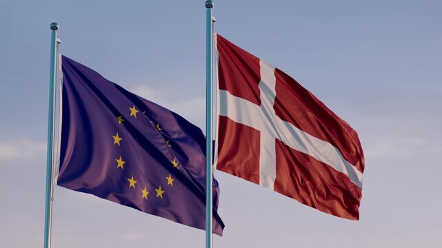 European Union and Denmark: Cinematic Waving Flags Against Blue Sky
