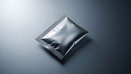 A single silver foil packet on a gray background