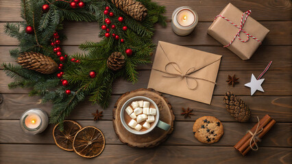 Christmas wreath, gift, coffee mug with marshmallows, envelope and homemade cookies and various Christmas decorations on the wooden table. Rustic christmas wreath, flat lay.