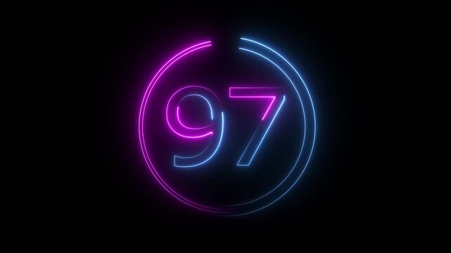A dynamic circular animation, and glowing neon number 97 animation . on a black background. and creating a stunning video.4k video