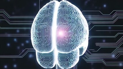 A futuristic digital brain with circuit board patterns and glowing connections on a dark background with neon lines and dots - Powered by Adobe