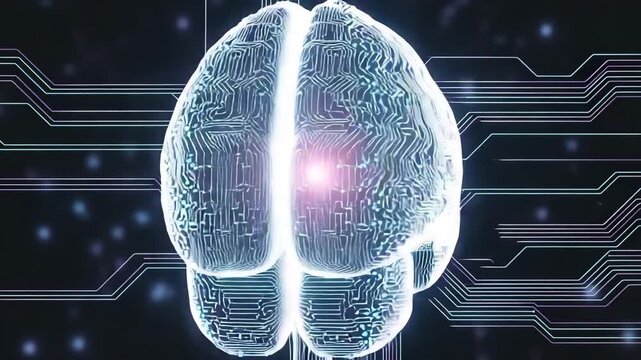 A futuristic digital brain with circuit board patterns and glowing connections on a dark background with neon lines and dots