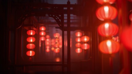 The intricate beauty of illuminated red lanterns hanging gracefully, reflecting cultural heritage and festive spirit in a captivating nocturnal cityscape