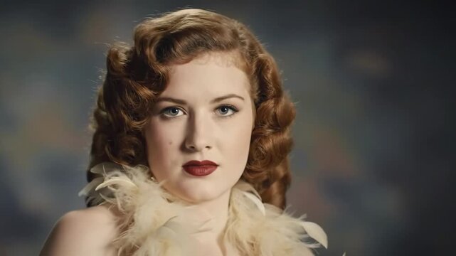 Vintage-style woman with feathered boa performs, background of soft focus, for beauty, acting