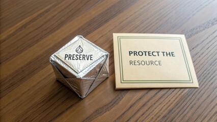 Eco-Friendly Packaging with Preserve Label and Protect the Resource Message on Wooden Table Surface