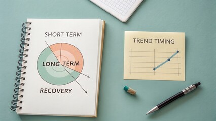 Visual representation of investment strategies showcasing short term, long term, recovery, and trend timing on a teal background