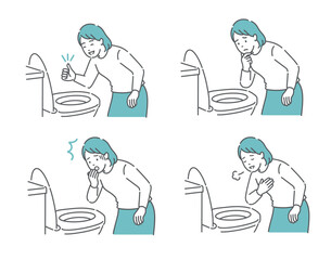 トイレで便の状態を確認する女性のイラストセット（OK・困る・驚く・安心）