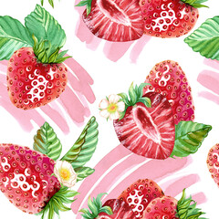 Elegant seamless pattern featuring red strawberries, green leaves, and small white flower. Juicy, ripe berries form endless pattern against background of abstract pink spots. Watercolor illustration
