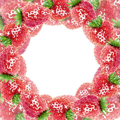 A square frame of juicy strawberries. A red summer berry wreath. Hand drawn watercolor illustration. Copy space template for design cosmetics, fruit snacks, marmalade, candies, chewing gum, menu