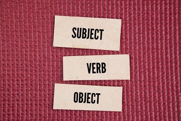 Paper with the words Subject Verb Object. second verb, and third object. Language can be classified according to the dominant order of these elements in an unmarked sentence
