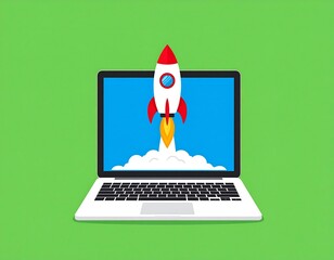 A laptop displays a cartoon rocket launch from its screen. The rocket has a red and white body with bright orange flames