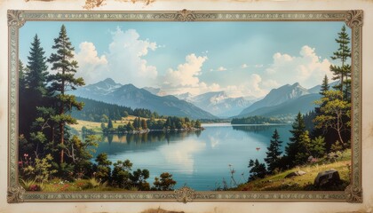 Alpine Lake Landscape Painting with Mountains and Forest