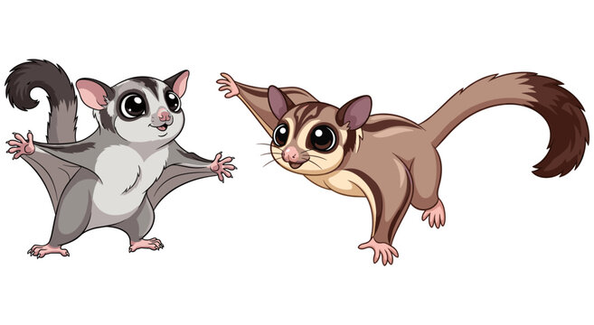 Two Cute Cartoon Sugar Glider Pet Character Vector Illustration