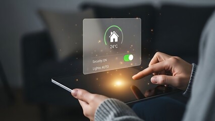Smart home automation control on tablet device in cozy living room