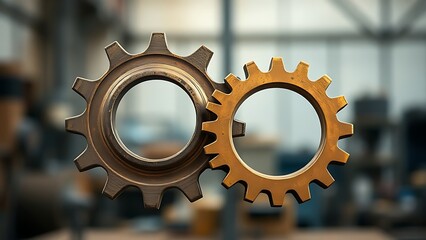 clockwork. Two interlocking bronze gears showing mechanical precision and teamwork. safety posters, maintenance manuals, designed for industrial assembly lines and welding operations.