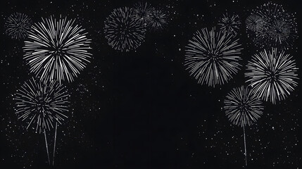 A collection of white fireworks bursting brightly against a dark, star-speckled night sky, creating a festive display.