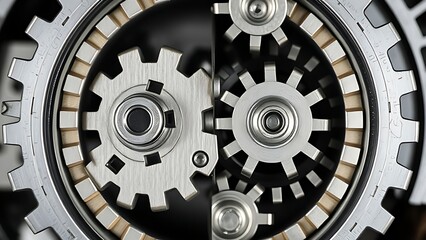 axle. Symmetrical mechanical gears interlocked in motion cycle with metallic industrial aesthetic. safety posters, maintenance manuals, designed for industrial assembly lines and welding operations.