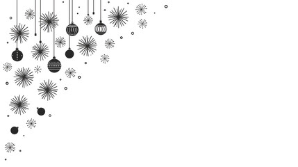 Black and white graphic design featuring hanging ornaments and starburst patterns in a corner arrangement, creating a festive and decorative border.