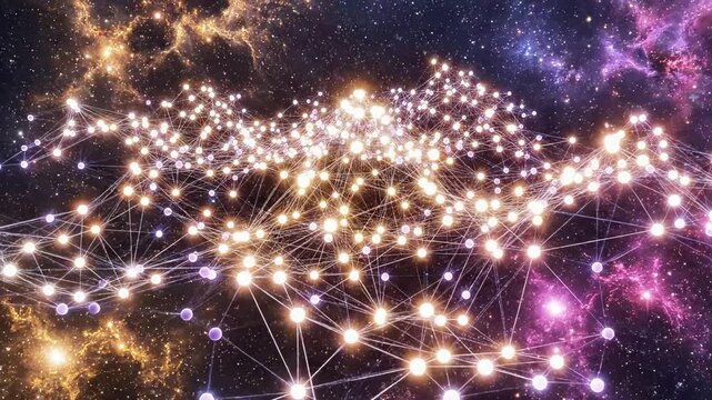A vibrant, cosmic network of interconnected nodes and lines in shades of blue, purple, and orange against a dark, starry background
