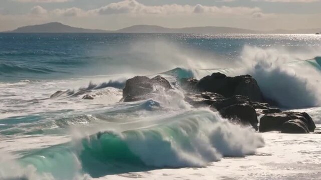 The waves roar and crash against the reefs, their crests shattering to spray droplets all over the air