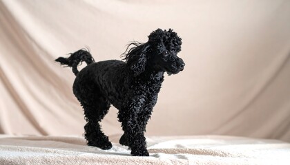 A black, fluffy canine, poised elegantly against a neutral backdrop, exhibiting its textured coat and focused gaze