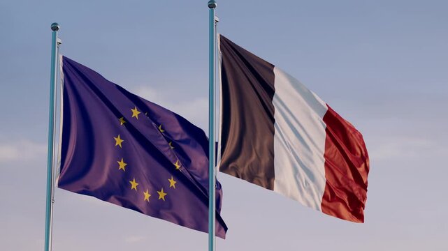 European Union and France: Cinematic Waving Flags Against Blue Sky