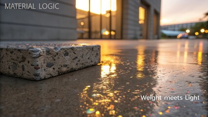 Modern Concrete Block on Wet Floor Reflecting Warm Sunset Light in Urban Environment