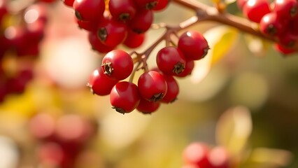 cluster. Close-up of red berry clusters on a stem, isolated with soft focus in natural sunlight. gardening catalogs, home-decor guides, designed for home decor and floral branding.