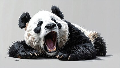 A large panda, sprawled on the ground, yawns widely, revealing its pink mouth and teeth. The animal's fur is black and white