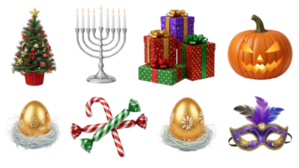 Assorted holiday decorations and festive symbols collection.
