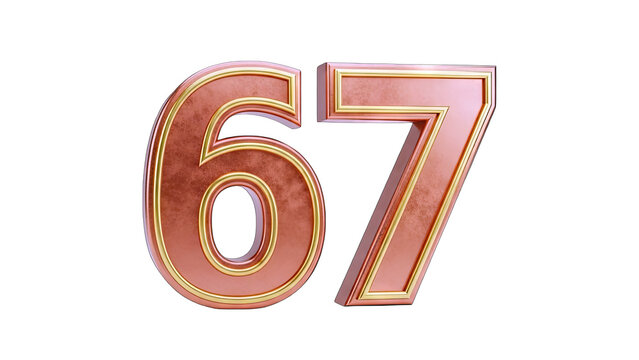 3D Render of Numbers 67 with Gold Trim on White Background