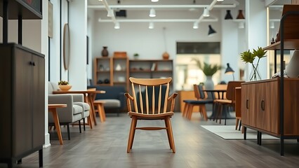 mismatched. A mismatched wooden chair in the corner of a modern furniture showroom with contrasting styles. real-estate listings.