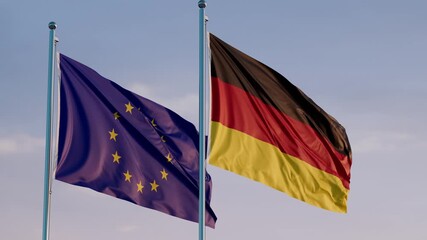 European Union and Germany: Cinematic Waving Flags Against Blue Sky
