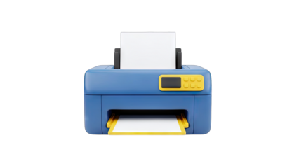 3D Rendered Blue Printer with Paper on White Background