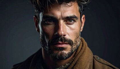 Obraz premium A close-up portrait of a man with dark hair, a beard, and intense eyes, posed in front of a dark background
