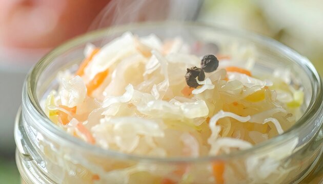 Close-up of Homemade Sauerkraut in a Glass Jar.