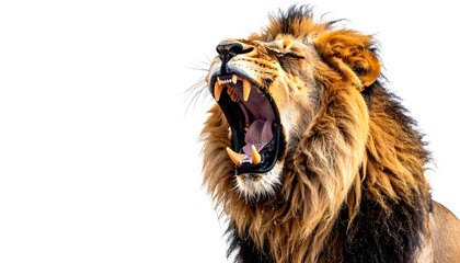 A majestic lion roars, showcasing sharp teeth and a thick mane, set against a clean white backdrop, creating a striking image