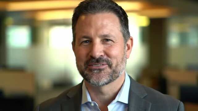 Business executive speaking, smiling indoors, blurred office in background for corporate, interview content