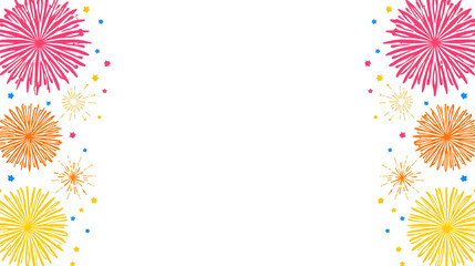 A vibrant illustration of stylized fireworks in pink, orange, and yellow, with colorful confetti dots forming decorative borders on a white background.