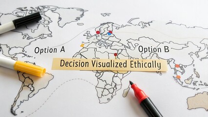Visual Representation of Ethical Decision-Making on a World Map with Options A and B Marked Clearly