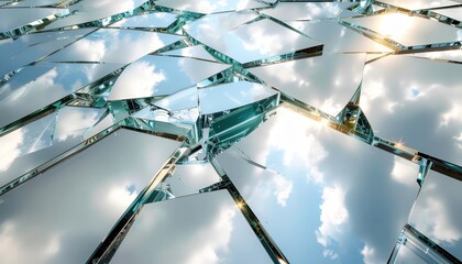 Shattered Glass Reflecting Sky and Clouds, Abstract Broken Mirror Surface with Sunlight