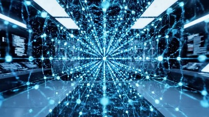 A futuristic server room with a blue light tunnel effect, depicting a network of connected nodes and lines radiating from a central point - Powered by Adobe