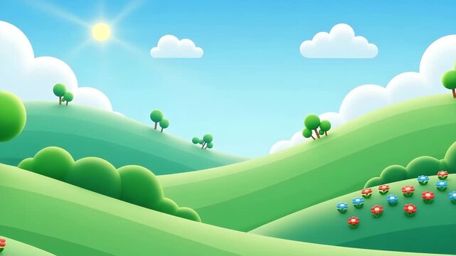 Cartoon landscape with green hills, trees, flowers, and a sunny blue sky with clouds