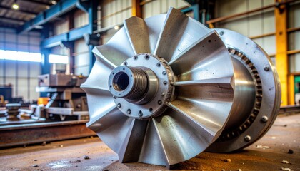 Large industrial turbine rotor with metal blades in workshop