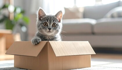 A cute, grey-striped kitten sits inside a cardboard box, looking directly at the camera with large eyes. Background blurred