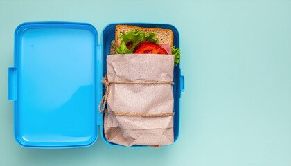 Vibrant blue lunchbox featuring a wrapped sandwich with fresh ingredients inside