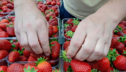 Hands Sorting Fresh Strawberries at a Farmers Market.