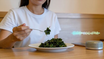Woman eating healthy greens near smart speaker with sound wave visualization